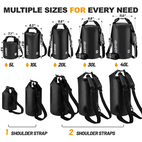 Floating Waterproof Dry Bag With Roll Top Seal And Free Phone Case, sizes 5L 10L 20L 30L 40L, shown in black with shoulder straps.
