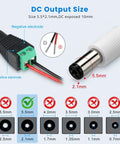 Beefy 24W 12V DC Power Supply With On Off Switch For LED Strip Lights, diagram showing 5.5x2.1mm connector details and sizes.