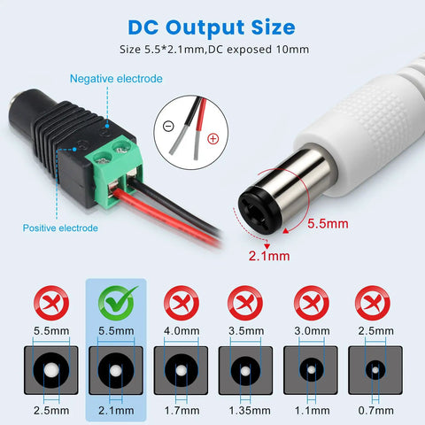 Beefy 24W 12V DC Power Supply With On Off Switch For LED Strip Lights, diagram showing 5.5x2.1mm connector details and sizes.