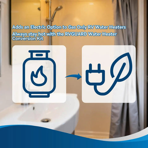 6 Gallon RV Water Heater Electric Conversion Kit Lets You Run On 120V Power Slashes Propane Use Easy Install Works With Suburban Atwood American More Flo Water Heaters Keeps Your Hot Water Ready On The Road product diagram showing transition from gas to electric power for RV water heaters