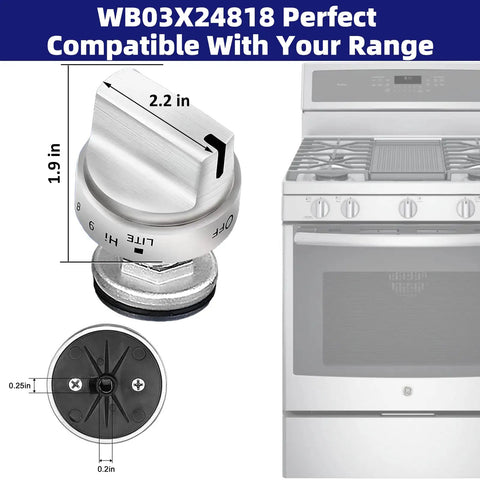 5 Piece Upgraded Gas Stove Knob Replacement Set Wb03x24818 Stainless Steel With D Shape Connector shown with size details