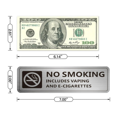 Rust-free aluminum no smoking sign measuring 7 by 2 inches compared to a $100 bill, 4 Pack No Smoking Signs For Home And Business