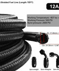 12AN 10Ft Universal Braided Stainless Steel Fuel Line Kit With Nylon CPE Hose And 6 Rotary Swivel Ends, Built Tough From Minus 40F To 350F, 500 PSI Working Pressure, 2000 PSI Burst, Beefy Fuel Line Set For Cars Trucks And More. Features swivel ends and pressure specs.