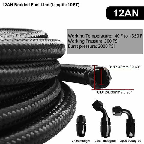 12AN 10Ft Universal Braided Stainless Steel Fuel Line Kit With Nylon CPE Hose And 6 Rotary Swivel Ends, Built Tough From Minus 40F To 350F, 500 PSI Working Pressure, 2000 PSI Burst, Beefy Fuel Line Set For Cars Trucks And More. Features swivel ends and pressure specs.