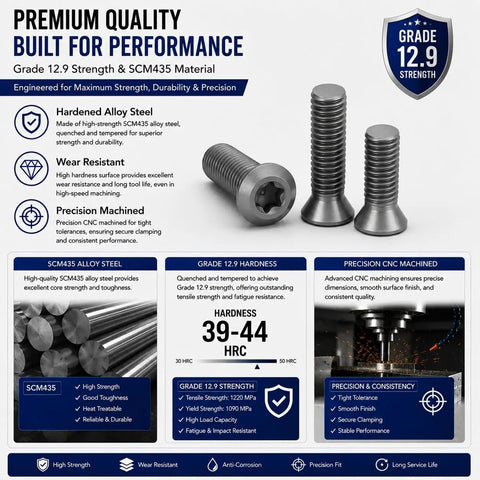 Heavy Duty M4.5x12mm Torx Plus Screws Rock Solid Machine Fasteners for Carbide Inserts showing grade 12.9 and SCM435 details.