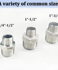 3 stainless steel reducing hex nipples showing 3/4 to 1/2 NPT size, part of 4 Pack 3/4 to 1/2 NPT Reducing Hex Nipples, 304 Stainless Steel.