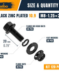 Flange Hex Bolts Kit M8 x 20mm 1.25 Thread, 120 Pcs, 10.9 Black Zinc Finish, Heavy Duty Pro Grade Set for Auto, Machinery, and DIY Projects, Corrosion Resistant Fasteners for Trucks and Bikes; kit size and quantity