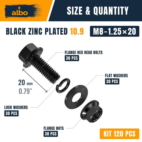 Flange Hex Bolts Kit M8 x 20mm 1.25 Thread, 120 Pcs, 10.9 Black Zinc Finish, Heavy Duty Pro Grade Set for Auto, Machinery, and DIY Projects, Corrosion Resistant Fasteners for Trucks and Bikes; kit size and quantity