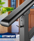 Built Tough Adjustable Wrought Iron Stair Handrail For Outdoor Steps With Handy Hook Setup and Heavy Duty Powder Coat detail close-up.