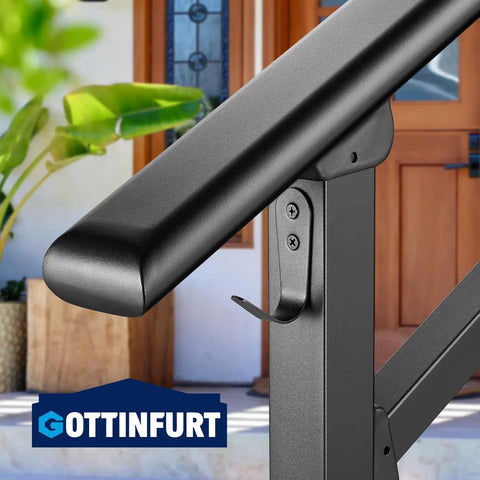 Built Tough Adjustable Wrought Iron Stair Handrail For Outdoor Steps With Handy Hook Setup and Heavy Duty Powder Coat detail close-up.