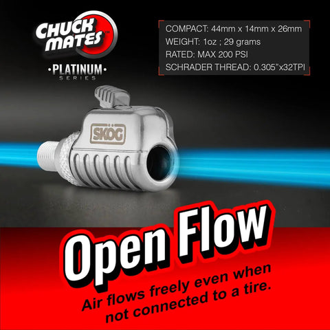 Quick Connect Tire Valve Chuck With RatchetSeal Technology for tire inflators, compact size, open flow, steel finish.