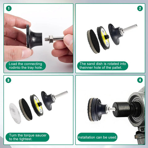 Step-by-step assembly of 274 Pack 2 Inch Sanding Discs Kit For Drill And Die Grinder With Roll Lock And Loop Pads Wet Dry Sanding.