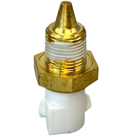 MecXora engine coolant temperature sensor with brass threaded body and white plastic connector, front view