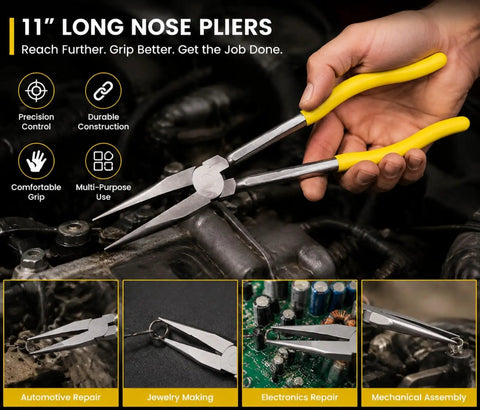 11 Inch Long Reach Needle Nose Pliers with Milled Jaws for Mechanics Technicians and Contractors, yellow handle, automotive work
