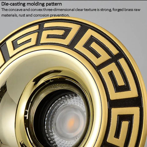 Close-up of Solid Build Vintage Brass Recessed Led Downlight showing die-cast design, decorative molding, ideal for ceiling fixtures.