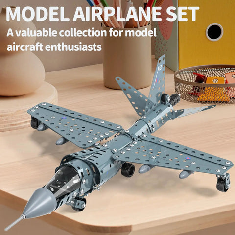 Completed model from STEM Building Project Airplane Kit For Kids 8 9 10 11 12 With 282 Pieces on a desk