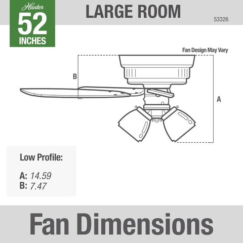 Diagram showing dimensions of 52 Inch Indoor Ceiling Fan With LED Lights And Pull Chain, White Finish, Low Profile Flush Mount, 5 Blades