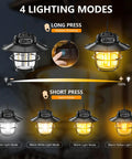 Rechargeable Camping Lantern with 1000 Lumens, 360 Degree LED Light, 4 Modes and Adjustable Brightness shown with lighting options