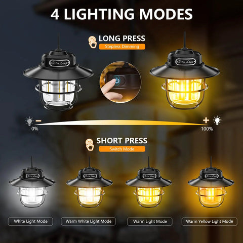 Rechargeable Camping Lantern with 1000 Lumens, 360 Degree LED Light, 4 Modes and Adjustable Brightness shown with lighting options