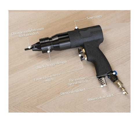 Detailed view of Rivet Nut Gun Set For Auto DIY Projects, showing pneumatic tool features including steel mandrel and switches.