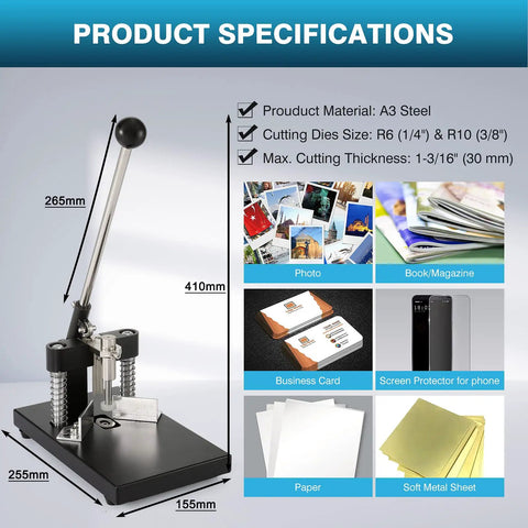 Beefy Heavy Duty Corner Rounder Punch For Thick Cardstock, Plastic And Aluminum Sheets, shown with product specifications.