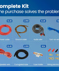 8 Gauge Complete Car Amplifier Wiring Kit showing power, ground, audio, turn-on cables, fuse holder, terminal kit