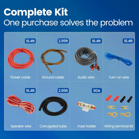 8 Gauge Complete Car Amplifier Wiring Kit showing power, ground, audio, turn-on cables, fuse holder, terminal kit