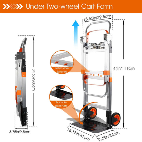 3 In 1 Folding Hand Truck Dolly Cart With Wheels Built Tough Heavy Duty Aluminum Collapsible Moving Cart 600 Lbs Capacity convertible to two-wheel mode