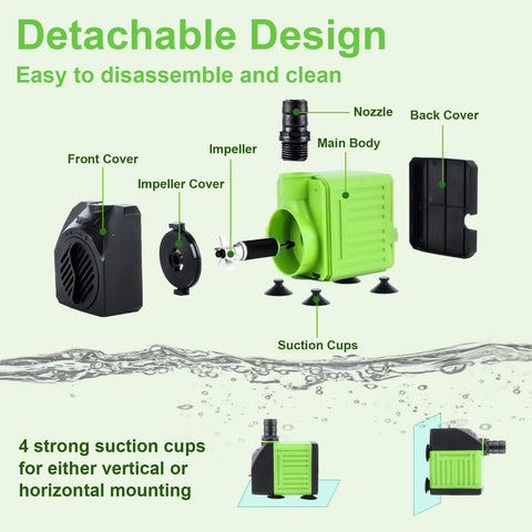 Components of Powerhouse Submersible Fountain Pump 550GPH 30W Ultra Quiet Small Pond Pump with detachable design.
