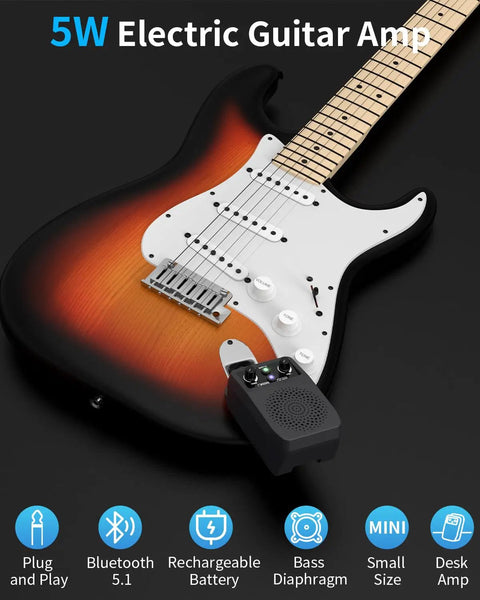 Electric guitar with Compact 5W Practice Guitar Amp With Bluetooth And Rechargeable Battery, Built In Effects including Overdrive and Reverb.