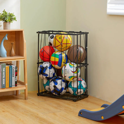 Heavy Duty Garage Ball Storage Rack With No Fuss Elastic Strap Wall Mount Or Floor Stand Option For Basketball Soccer Football Volleyball Gear In Matte Black