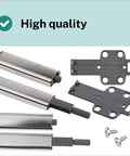 Slick 4 Pack Pressure Touch Door Opener Automatic Handle Free Open Close Cabinet Latch Smooth Self Closing Damper Kit No Sweat Hardware With Quick Snap Mounting Plates, silver latches and gray mounting plate.
