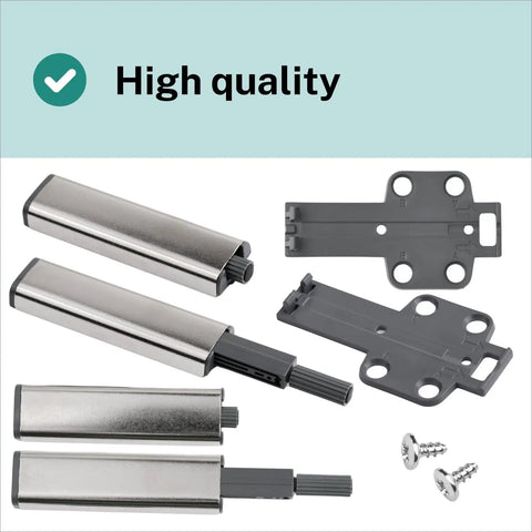 Slick 4 Pack Pressure Touch Door Opener Automatic Handle Free Open Close Cabinet Latch Smooth Self Closing Damper Kit No Sweat Hardware With Quick Snap Mounting Plates, silver latches and gray mounting plate.