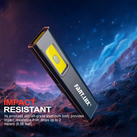 Pocket EDC Flashlight With USB C Rechargeable Power, aluminum body, floating against a dramatic sky background.