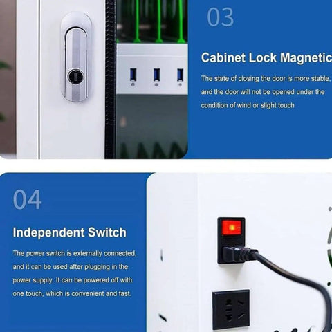 Hassle Free Phone Charging Locker And Tech Organization Hub For 40 To 60 Gadgets featuring cabinet lock and independent switch.