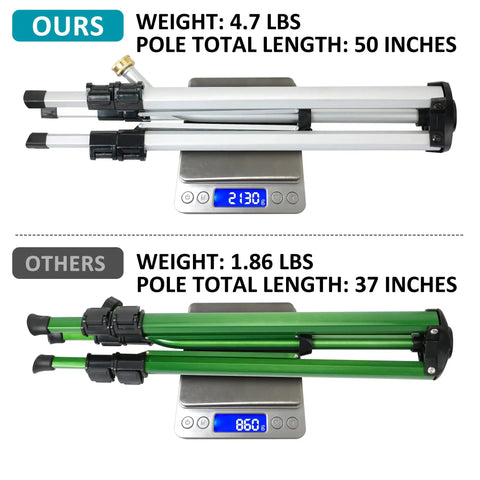 Comparison of two tripods on scales showing weight and length, featuring Heavy Duty Impact Sprinkler On Tripod Base With Extra Tall Pulsating Metal Sprinkler For Large Yards And Gardens Telescoping Legs Waters Up To 90 Ft Diameter Durable Tripod System.