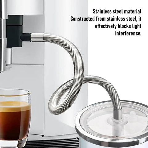 Heavy Duty Built Tough Coffee Machine Milk Tube Replacement, Stainless Steel Coiled Hose And PC Milk Line, close-up view in use.