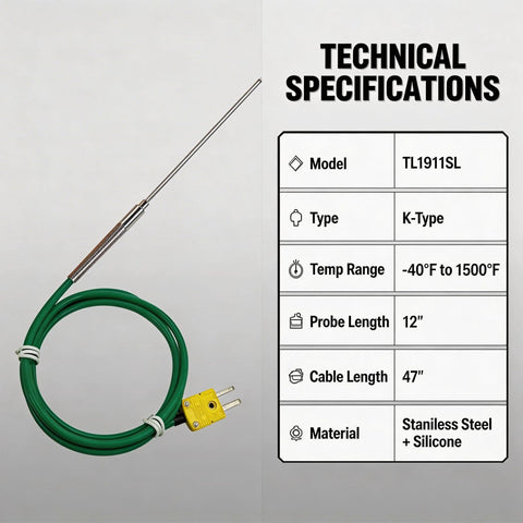 TL1911SL K-Type thermocouple probe with 12-inch stainless steel shaft and 47-inch silicone cable; yellow plug.
