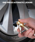 Hand using 2 Pack Closed Ball Tire Chuck With Clip Hands Free Locking Valve Nozzle One Quarter Inch FNPT Quick Plug For Tire Inflator