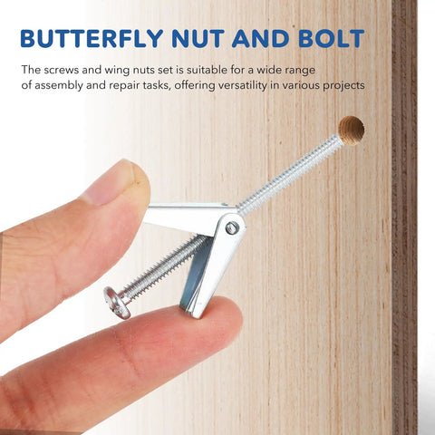 Close-up of person holding butterfly nut and bolt from Wing Nut And Toggle Bolt Kit With Drywall Anchors For Hollow Wall Mounting And Hardware Assembly.