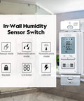 New Generation Humidity Sensor Switch For In Wall Bathroom Fan Auto Manual Control With Air Moisture Detection Neutral Wire Required White 120V 220V Dehumidification Mode No Fuss Easy Install displayed with features.