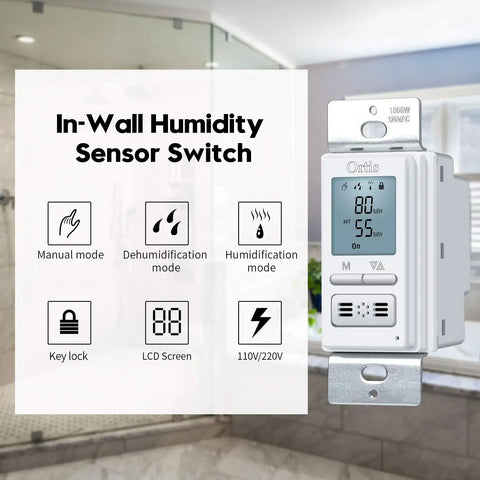 New Generation Humidity Sensor Switch For In Wall Bathroom Fan Auto Manual Control With Air Moisture Detection Neutral Wire Required White 120V 220V Dehumidification Mode No Fuss Easy Install displayed with features.