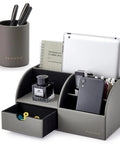 Dope PU Leather Desk Caddy Organizer Set With Drawer And Pen Holder shown with pens, phone, and notebook in gray.