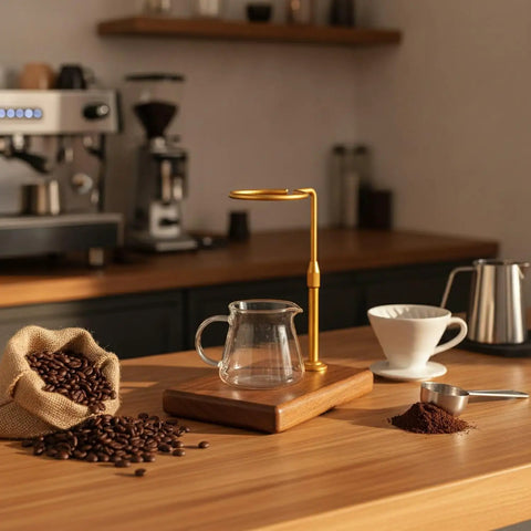 Sleek Pour Over Coffee Stand With Aluminum Dripper Holder And Solid Wood Base For Manual Brewing Stations on a kitchen counter