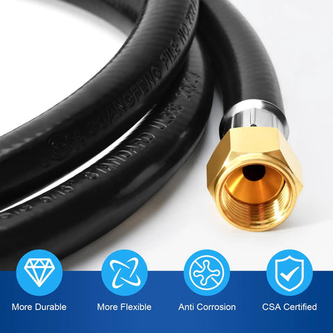 Five Foot Propane Regulator Hose For Grills And Fire Pits With Three Eighths Inch Female Flare Nut Ideal For Weber Blackstone And Most LP Gas Grills Durable Zinc Alloy Regulator And Heavy Duty Rubber Hose For Easy Reliable Grill Setup featuring durable rubber and corrosion-resistant fittings.