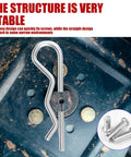Premium 304 Stainless Steel Clevis Pin And Cotter Pin Kit with an R-clip on a rusty surface and close-up of clevis pins.