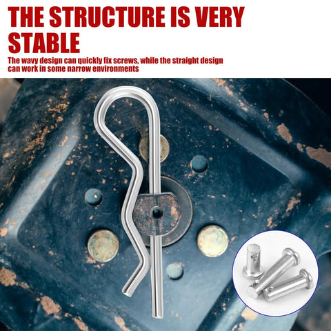 Premium 304 Stainless Steel Clevis Pin And Cotter Pin Kit with an R-clip on a rusty surface and close-up of clevis pins.