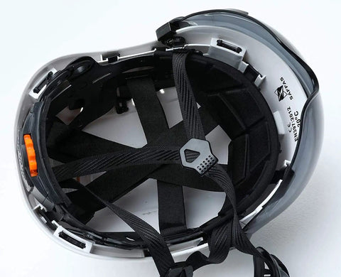 Interior view of Adjustable ABS Safety Hard Hat with 6 point suspension and clear visor for work at height climbing construction.