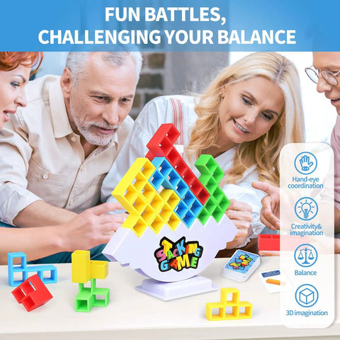 Group of people playing the 48 Piece Stack Up Tower Game For Adults And Kids Chill Family Game Night with colorful blocks.