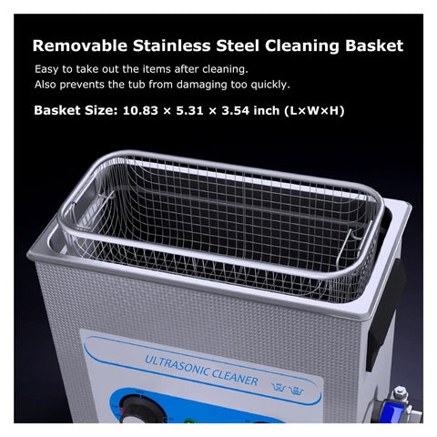 Removable stainless steel cleaning basket for Huge 6.5L Ultrasonic Cleaner Tank With Heat For Deep Carburetor And Engine Part Scrubbing.